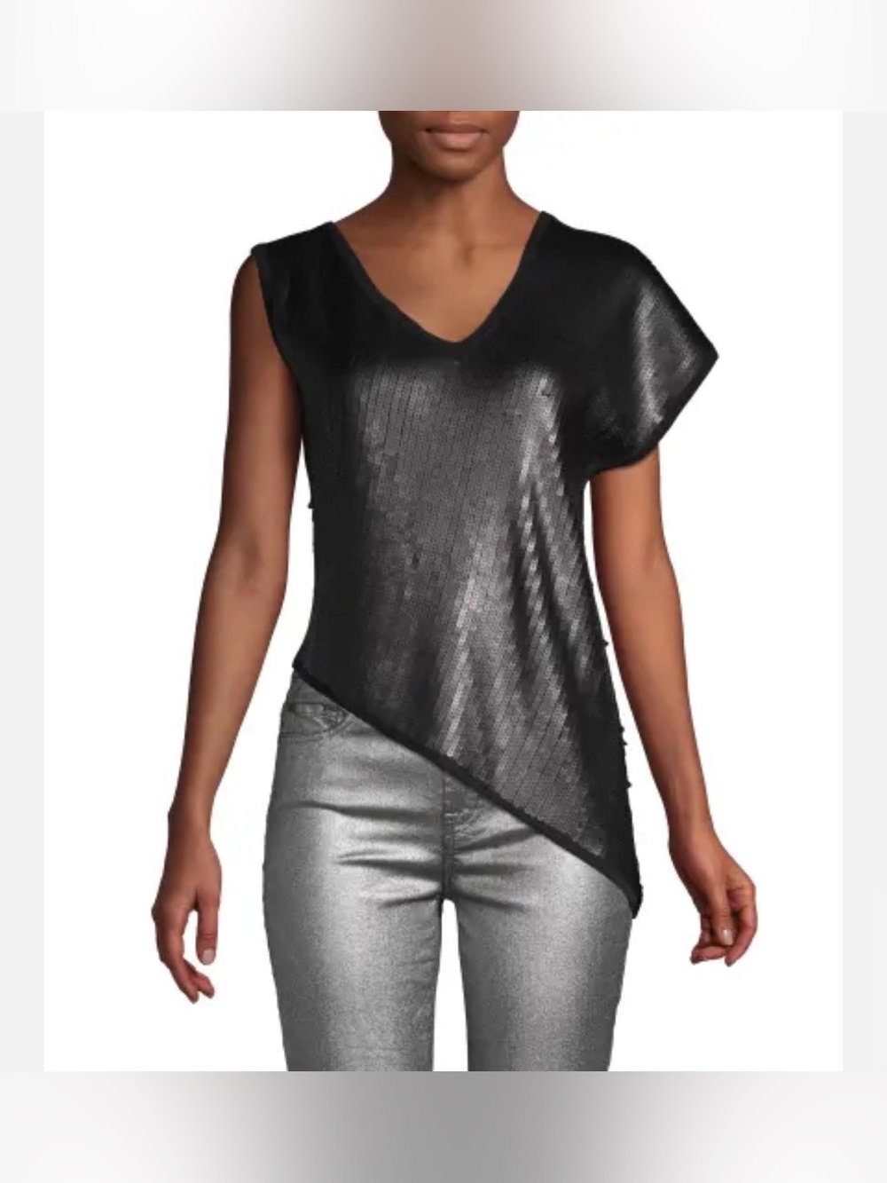 Metallic Black Sequin Asymmetric Top V Neck Cutout Back Y2K Size XS Prins